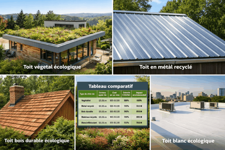 Toitures écologiques montrant un toit végétal, un toit en métal recyclé, un toit en bois durable et un toit blanc réfléchissant, avec tableau comparatif des coûts, durabilité et impact environnemental